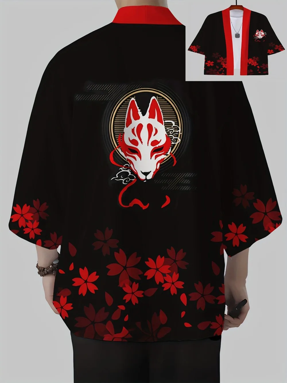 European and American men's summer fox cherry blossom print comfortable and breathable kimono outdoor casual traditional top