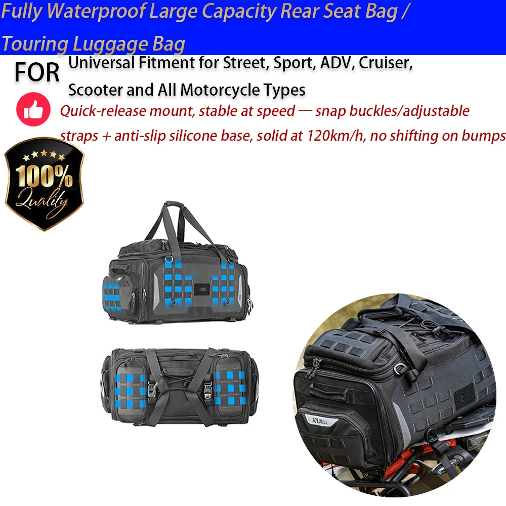 For Motorcycle 30-48L Waterproof Rear Seat Bag Touring Duffel Luggage Pannier Full Face No-Drill Accesorios Moto
