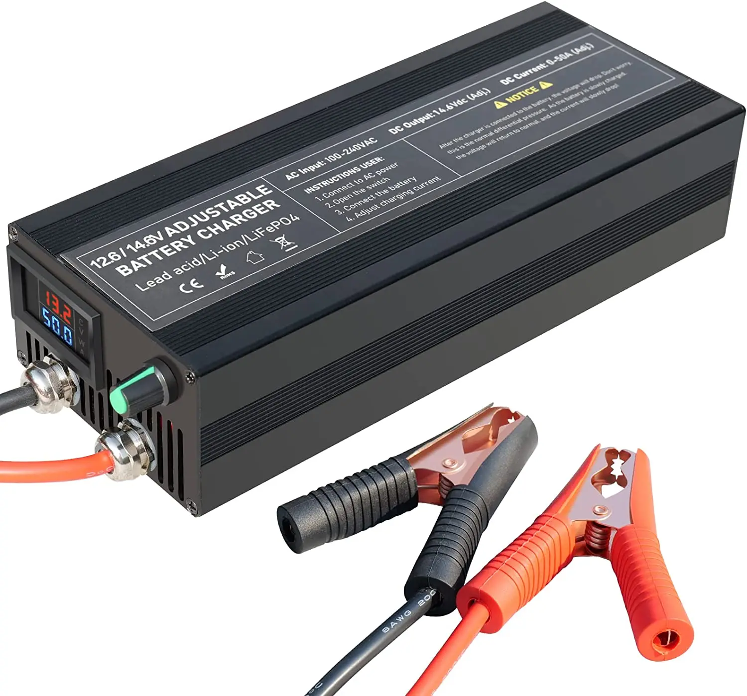 Battery Charger Lifepo4 14.6V 100A Adjustable Charger Lead Acid AGM Gel 12.8V 60A 80A Anti-reverse Car Fast Charger 12V 50A