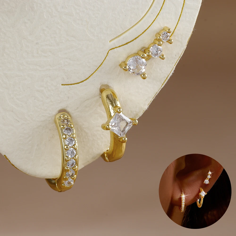 3pcs Sets Stainless Steel Square Zirconia Hoop Earrings For Women Daily Life Cartilage Stud Earrings Piercing Jewelry Gift