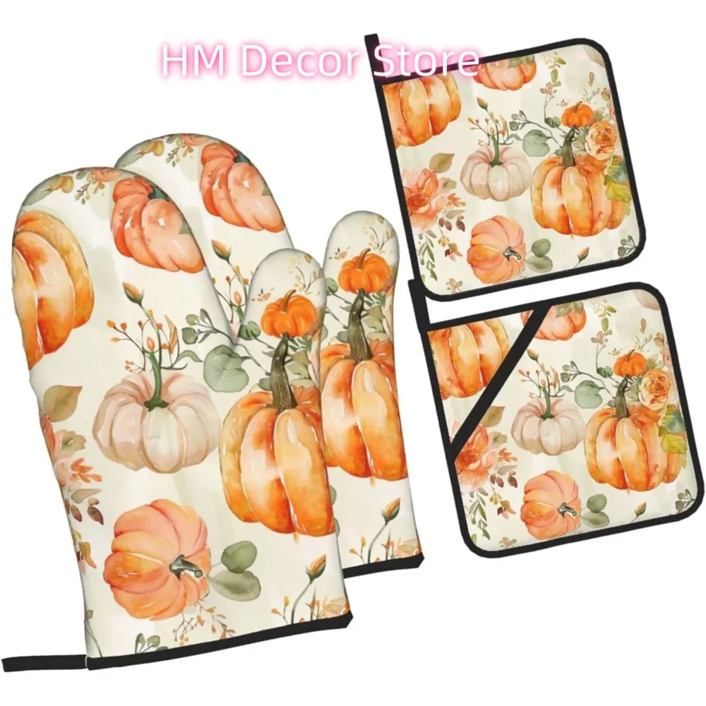 

Aesthetic Pumpkins Flowers Oven Mitts and Pot Holders Sets of 4, Cute Heat Resistant Oven Mitts - Non-Slip Cooking Gloves for Ki