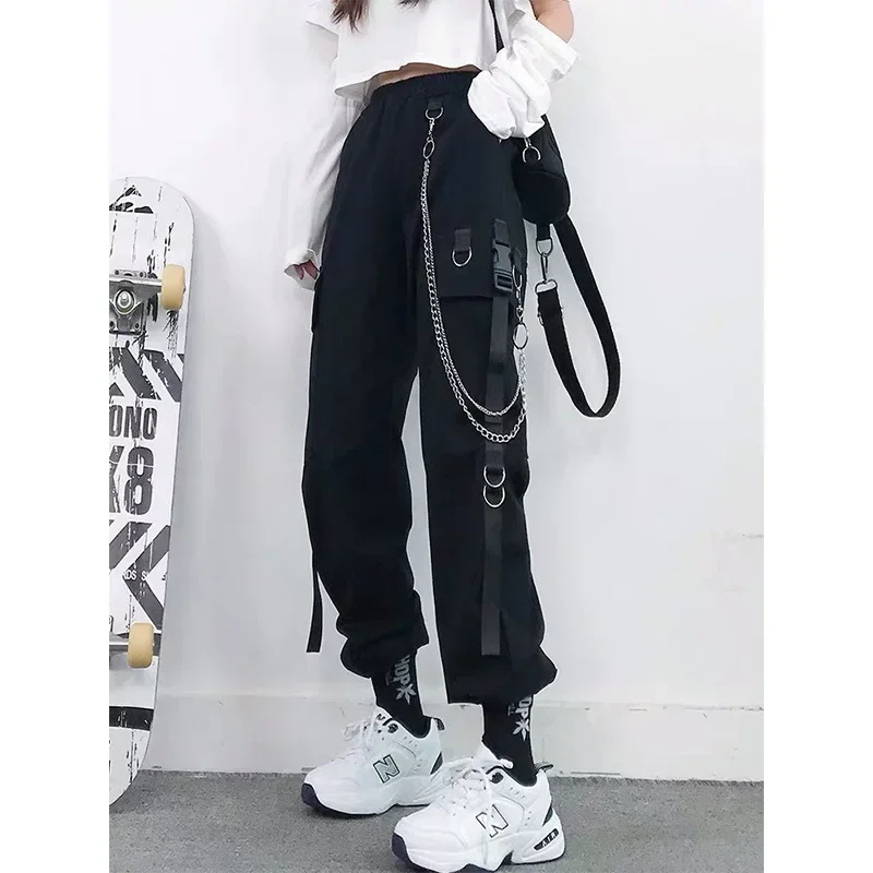 

Women's High Waist Black Pants with Straight and Loose Fit, Autumn Sporty Style with Foot Cuff and Bonus Chain