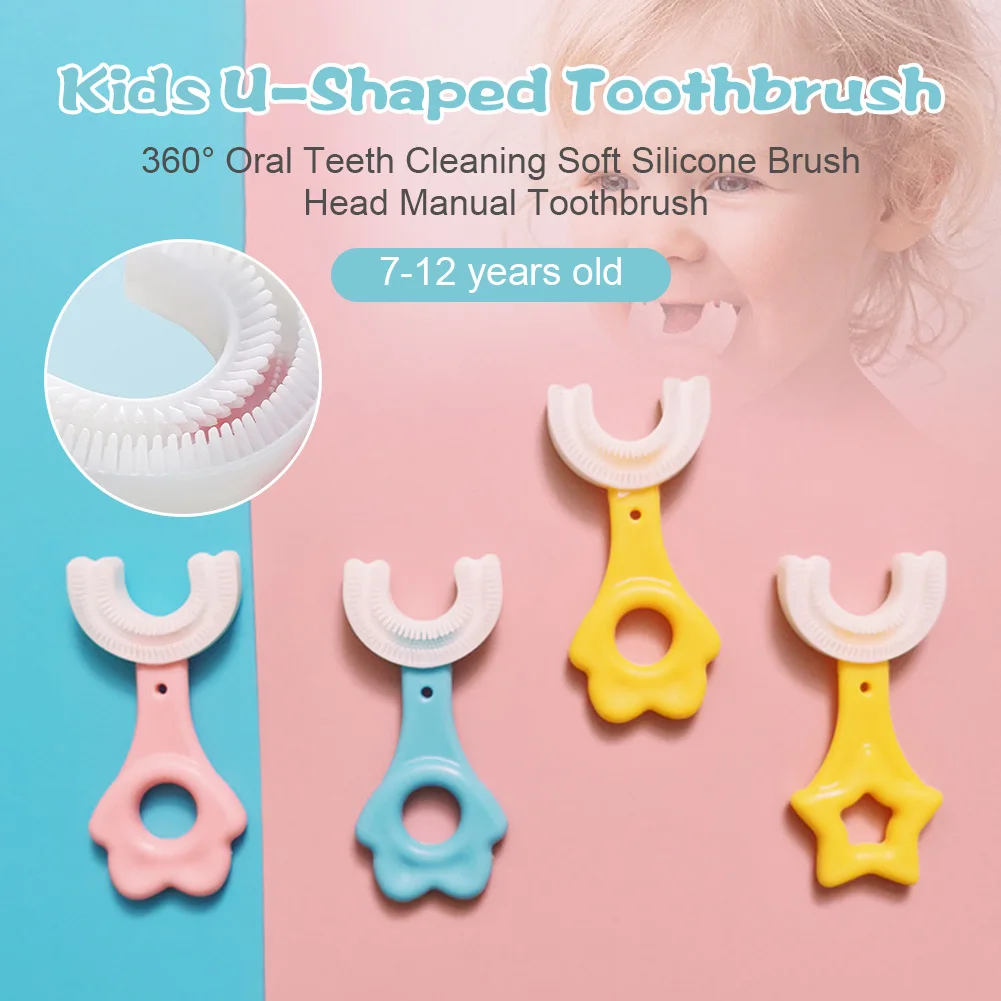 Kids U-Shaped Toothbrush 360° Oral Teeth Cleaning Soft Silicone Brush Head Manual Toothbrush for Toddlers 7-12 Years Old