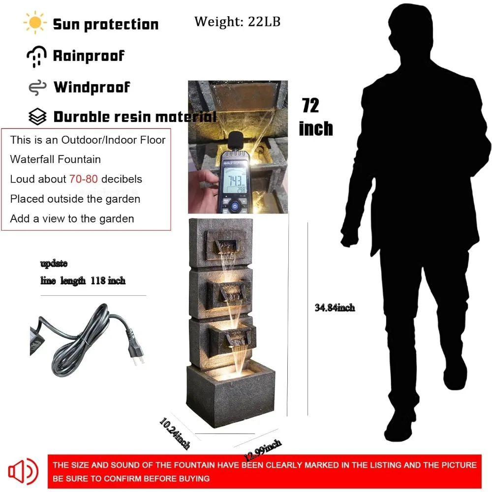 Fonte de água externa de 34,84 polegadas, luzes LED e bomba, fonte de água interna, cascata, fonte externa, casa e jardim