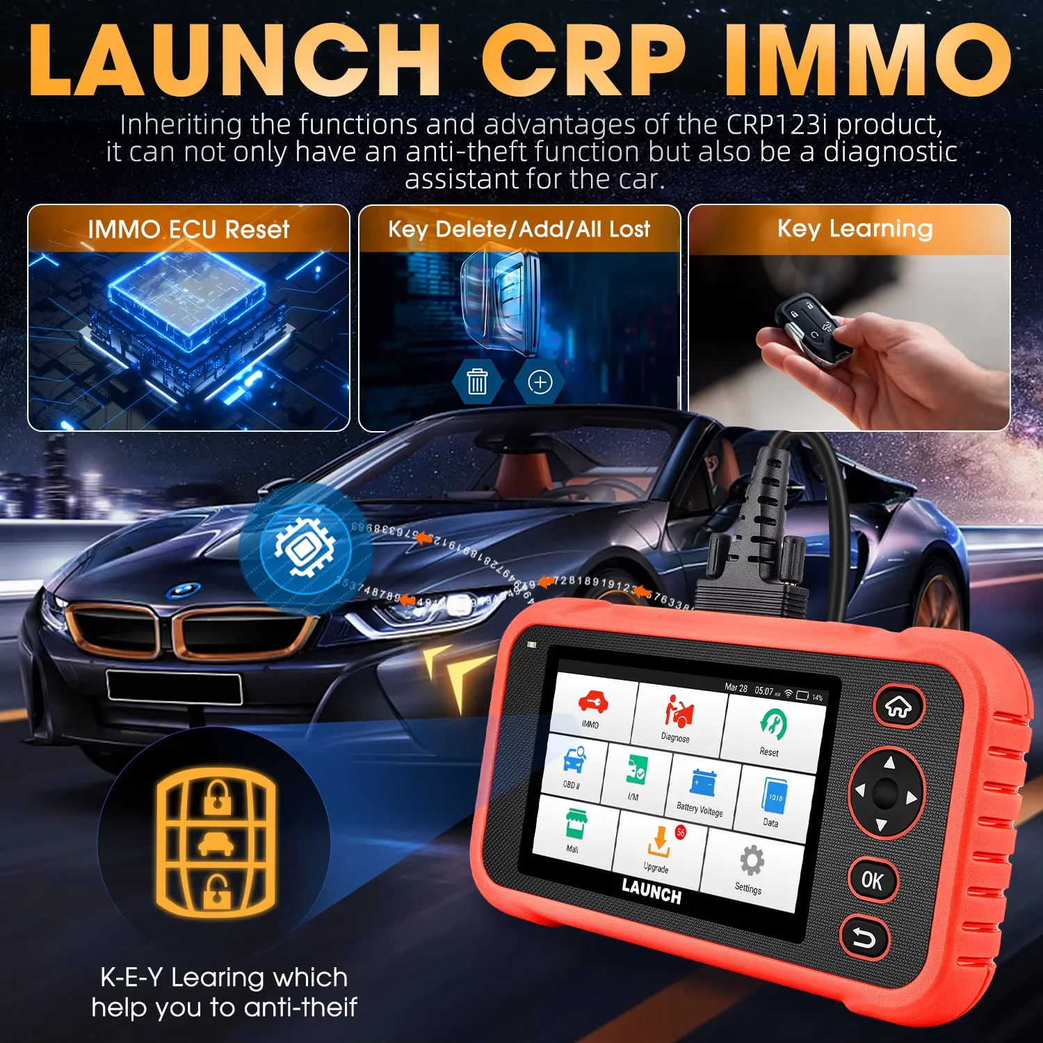 

LAUNCH X431CR IMMO OBD2 Scanner Key Immobilizer Car Diagnostic Tool Key Learning IMMO Skills Auto VIN ABS SRS ENG AT System Scan