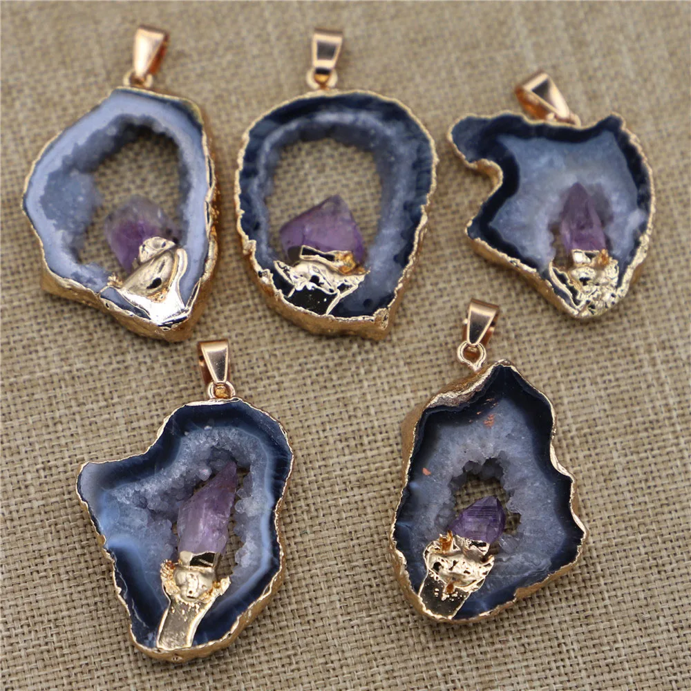 Natural Geode Agate Pendants Original Stone Inlaid Amethyst Necklace Irregular Hollow Sliced Quartz Jewelry Accessories 3Pcs/Lot