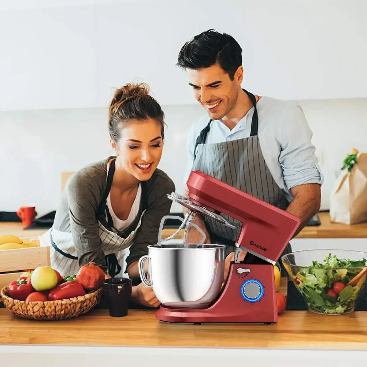 COSTWAY Robot da cucina elettrico da cucina con testa inclinabile a 6 velocità da 7,5 QT 660 W con ciotola in acciaio inossidabile, gancio per impastare, frullino, frusta