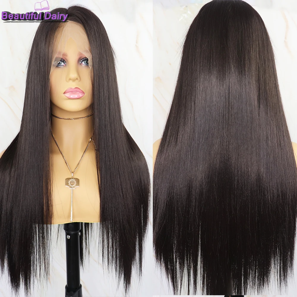 Long Straight 13x4 Lace Front Synthetic Wig Free Part High Temperature Fiber Synthetic Hair Wig For Women Natural Black Wig