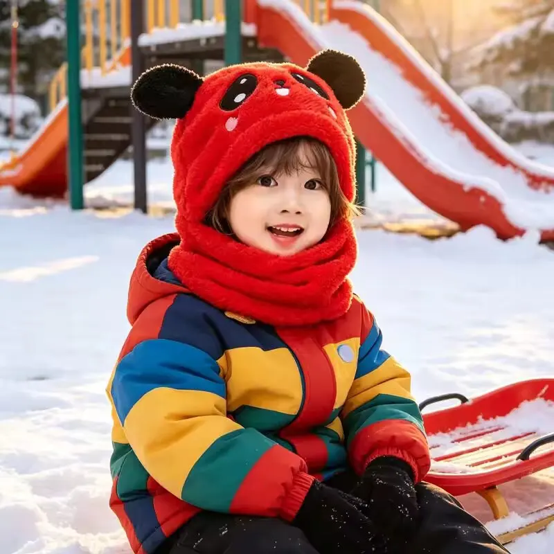 Cartoon Hat for Girls Boys Scarf Thicken Cap Winter Hat for Kids Newborn Baby Stuff Children Hat Plus Fleece Kids Caps