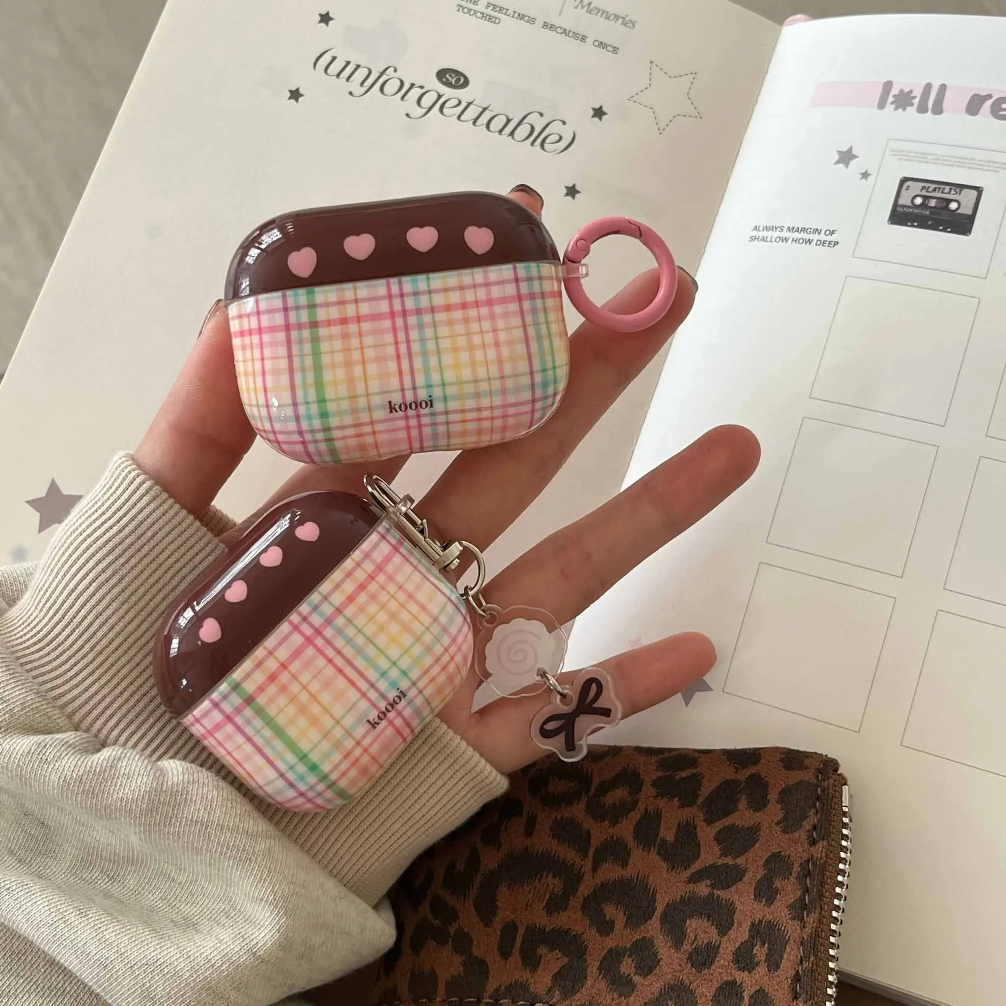 애플 에어팟 핑크 러브 하트 이어폰 케이스, 다채로운 안감 체크, 1, 2, pro2, 4 프로용, 나비 매듭 펜던트, 가을 헤드셋 커버