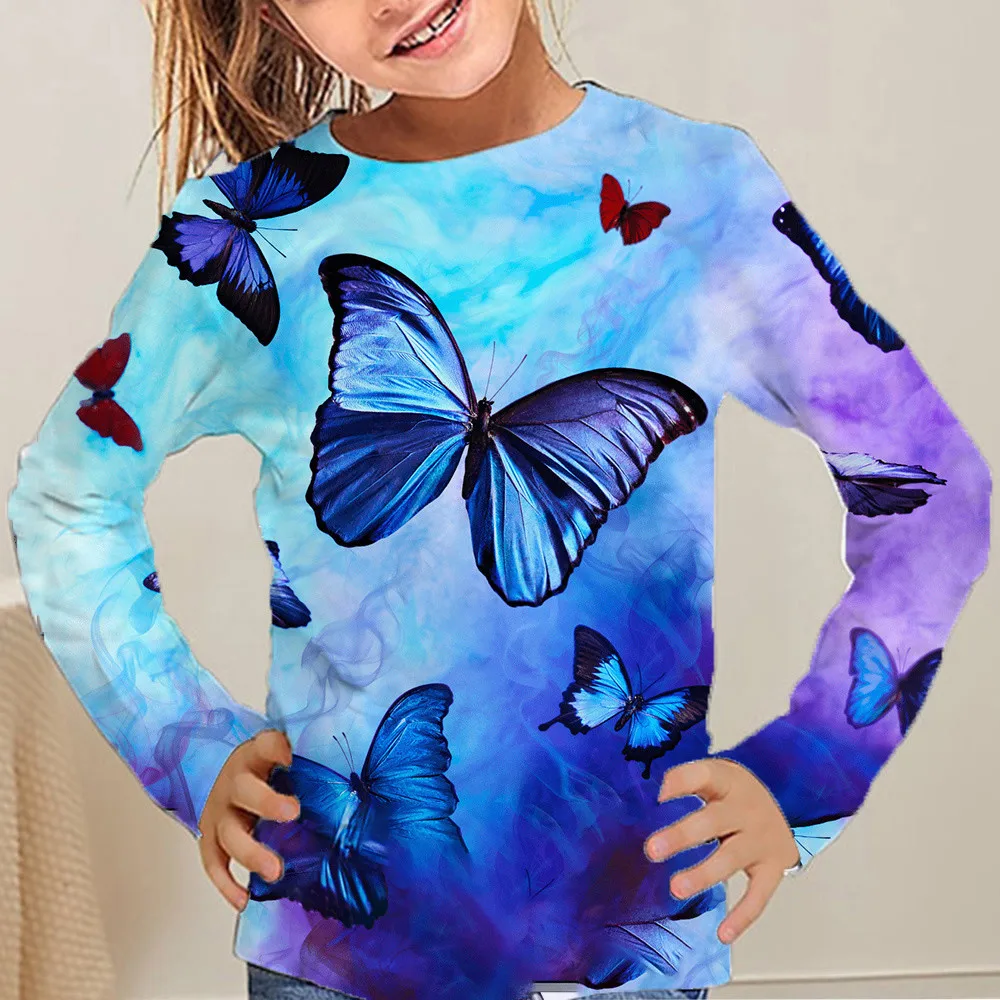 Children's Clothing Girl T-Shirt Long Sleeve Beautiful Butterfly Print Kids Spring Fall Clothes Casual Stylish Girl Clothes Tops