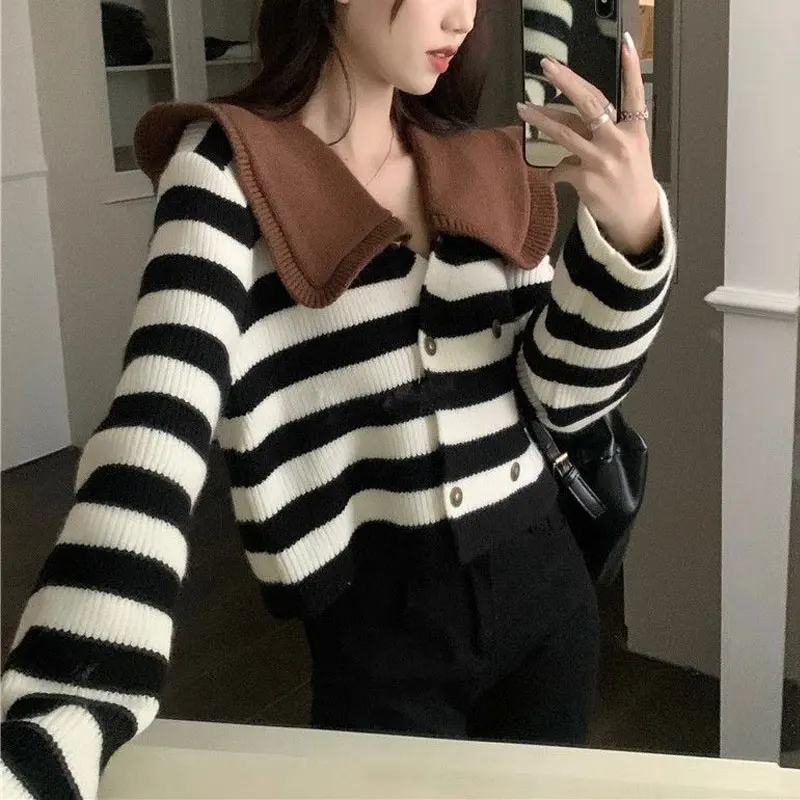 Korean Doll Collar Knitted Jumpers Women's Clothing Striped Vintage Spliced Autumn Winter Casual Loose Double Breasted Sweaters