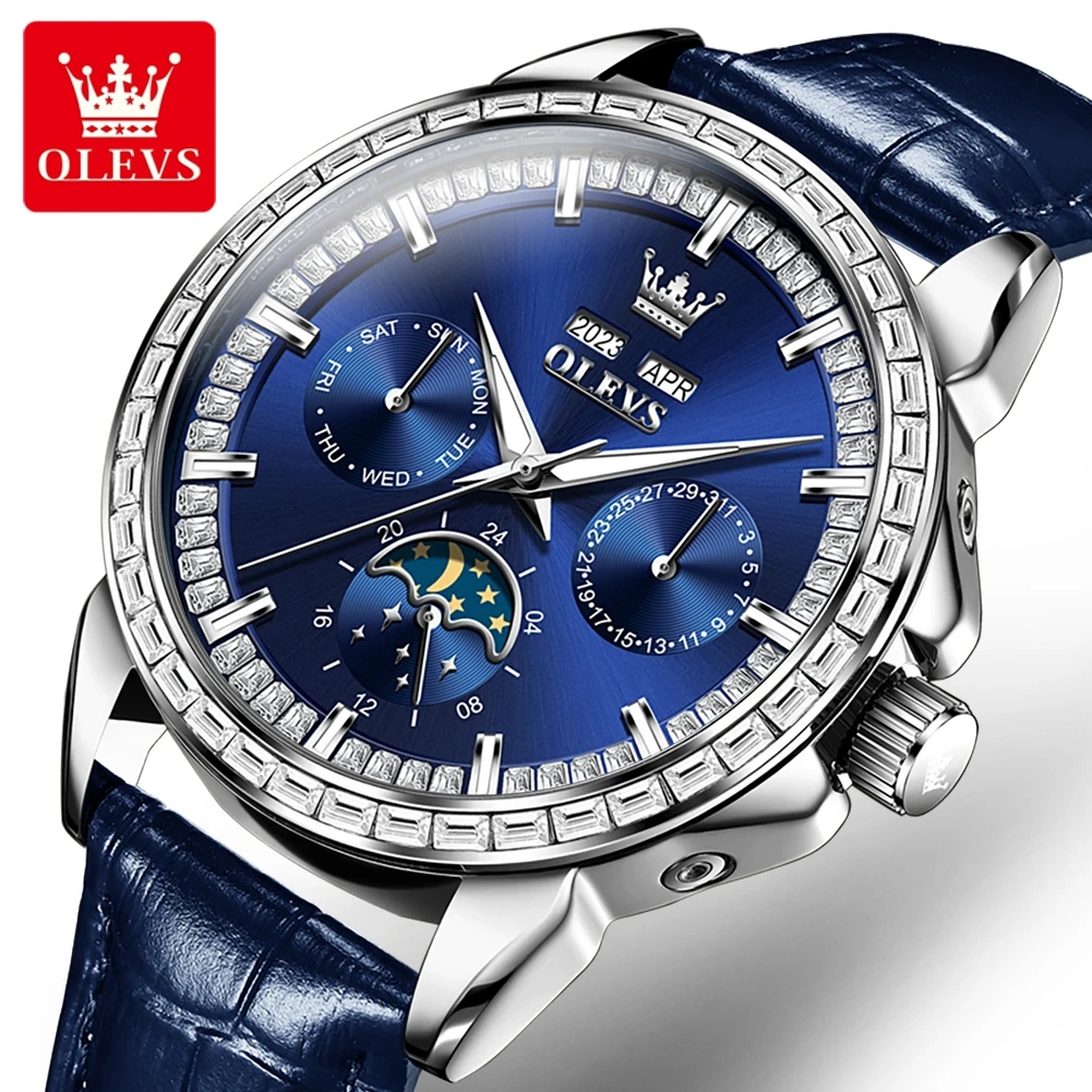 

OLEVS 6695 Luxury Brand Men's Watch Waterproof Calendar Moon Phase Leather Watch Multi functional Automatic Mechanical Men Watch