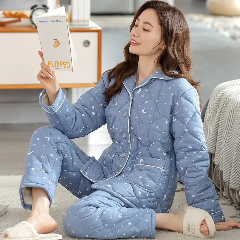 Pure cotton pajamas women\'s winter 2022 new thickened warm three-layer padded jacket women\'s loungewear set