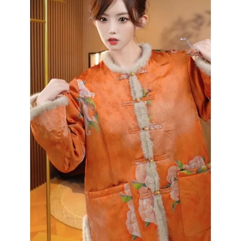 

New Chinese-style Cotton-padded Jacket Printed Patterns Retro Button-up Winter Warmth Jacquard Thickened Cotton-padded Jacket