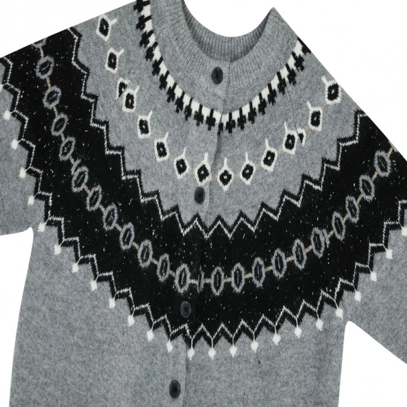 Men's Gray Fair Isle Knit Cardigan, 2025 Autumn Trend Vintage Geometric Patterned Button-Down Warm Knitted Outerwear