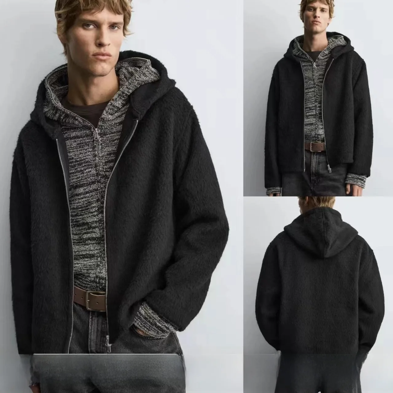 

Мужское шерстяное пальто свободного кроя на молнии, повседневное, из смесовой ткани (57% полиэстер, 40% шерсть, 3% прочее)