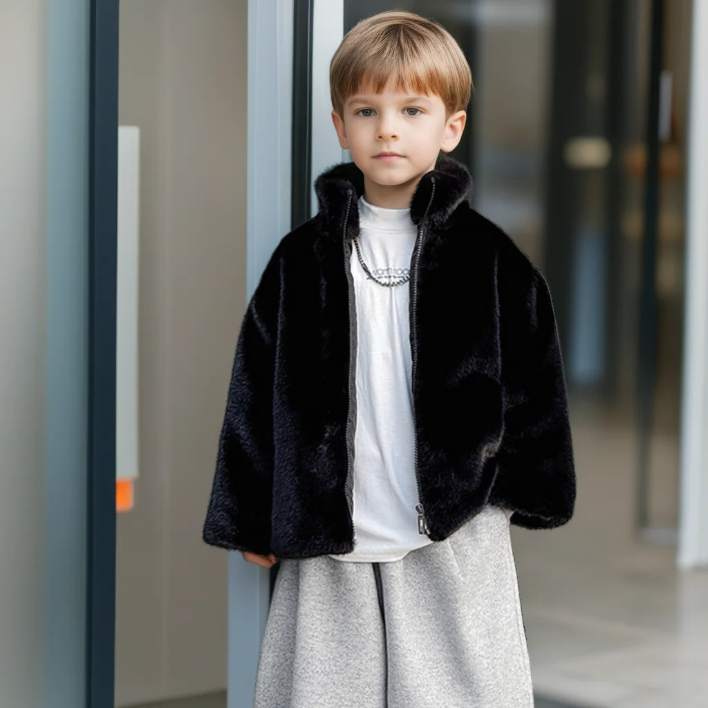 

Kids Faux Fur Coat Boys Winter Thick Faux Mink Jacket Black Fashion Teen Birthday Party Outfits Casual Warm Boy Plush Outerwear