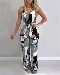 Women Wide Leg Long Pants Jumpsuit Floral Printed Sling V-Neck Low Chest Loose Romper Long Jumpsuit Back Zipper Up Summer