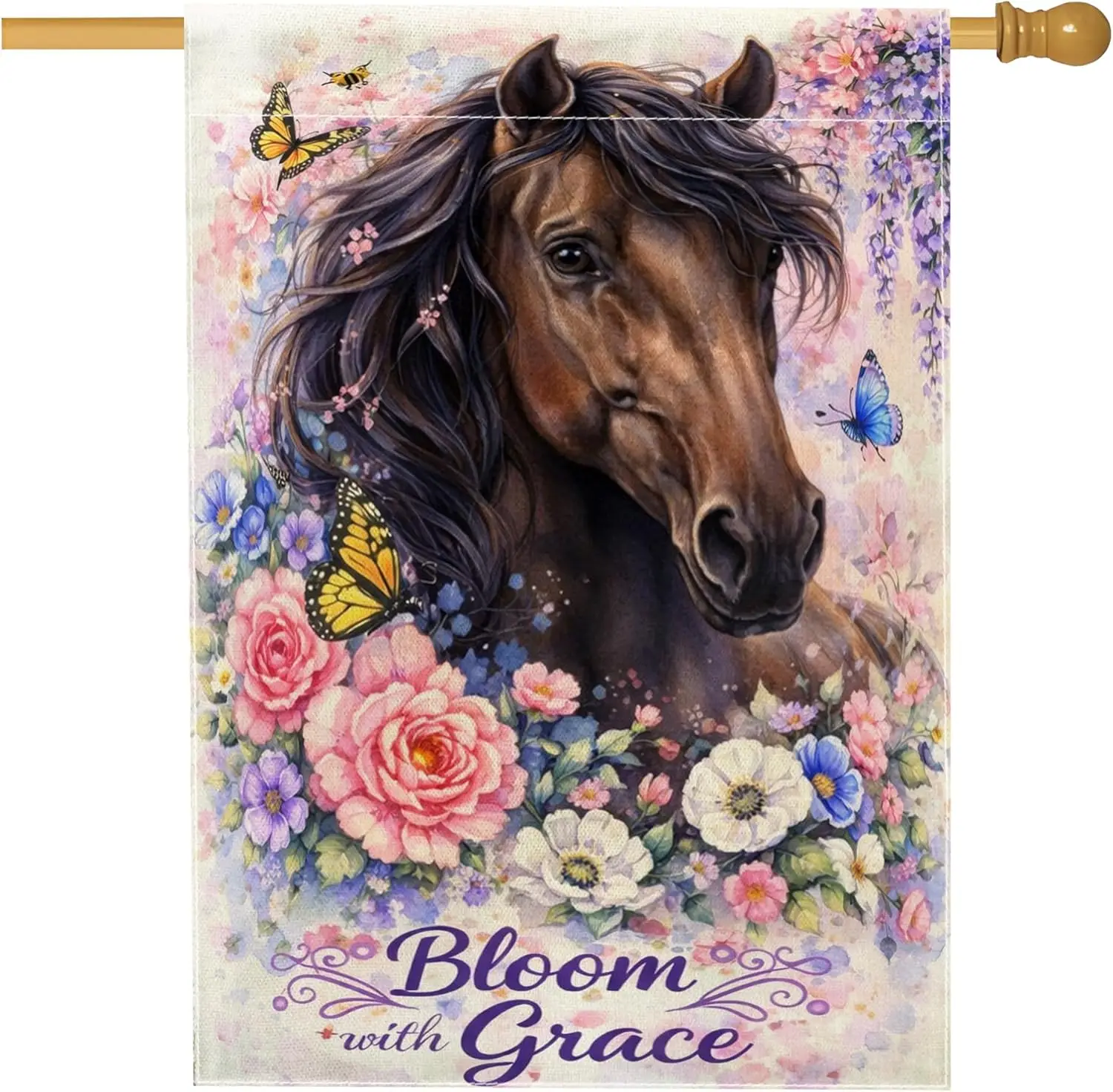 Horse House Flag, Floral Realistic Butterfly Rose Spring Brown Double Sided Burlap Outside Large Garden Flag for Outdoor Yar AAS