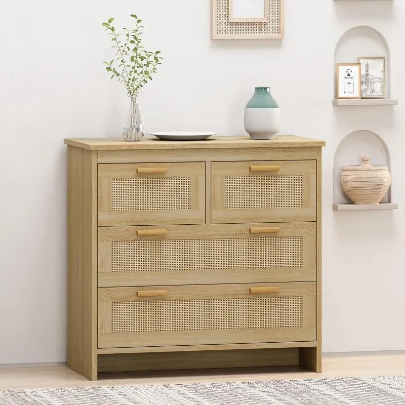 

Rattan Dresser for Bedroom, 4 Chests of Drawers, Natural Wood Boho Dresser with Wooden Handles and Legs, Spacious Storage