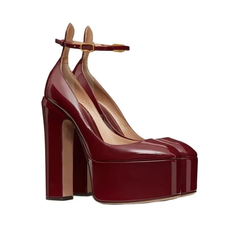 Round Toe Thick Sole High Heel Pumps Thick Heel Shallow Mouth Toe Strap Fashion Show Oversize Women\'S Shoes Top Quality Summer