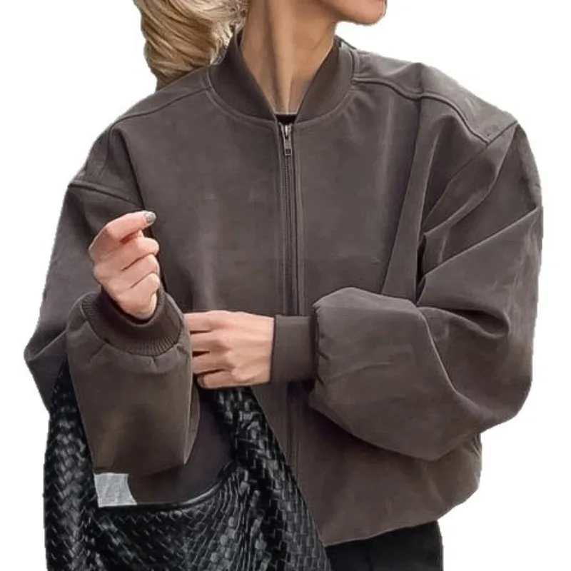 2025 Autunno/Inverno nuova giacca grigia Maillard Giacca bomber con cerniera a maniche lunghe in pelle scamosciata vintage americana High Street con colletto alla coreana