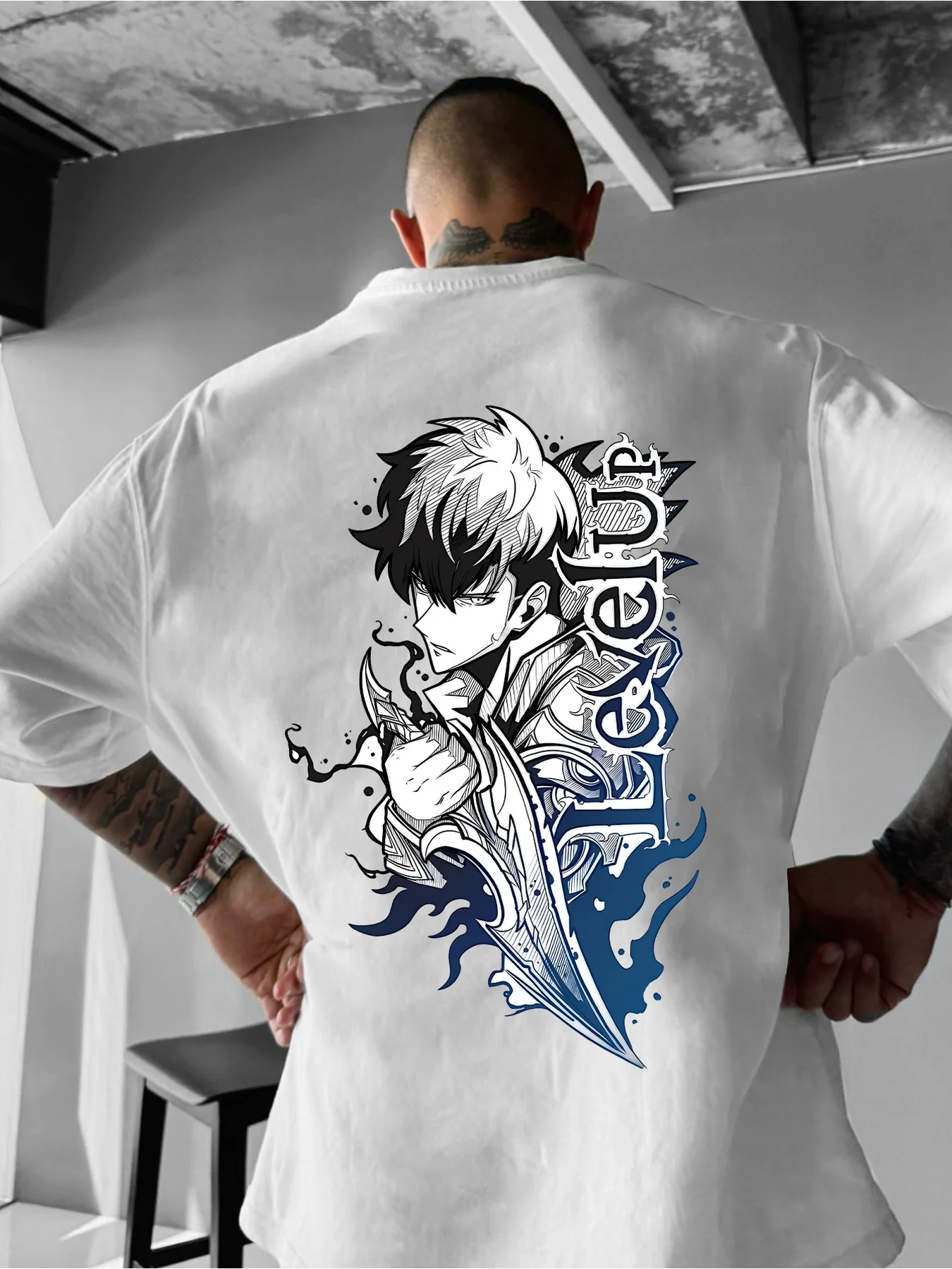 

Anime Level Up T-Shirt Black Cotton Graphic Tee White Hair Blue Flames Sword Battle Pose Oversized Streetwear Unisex Tattoo