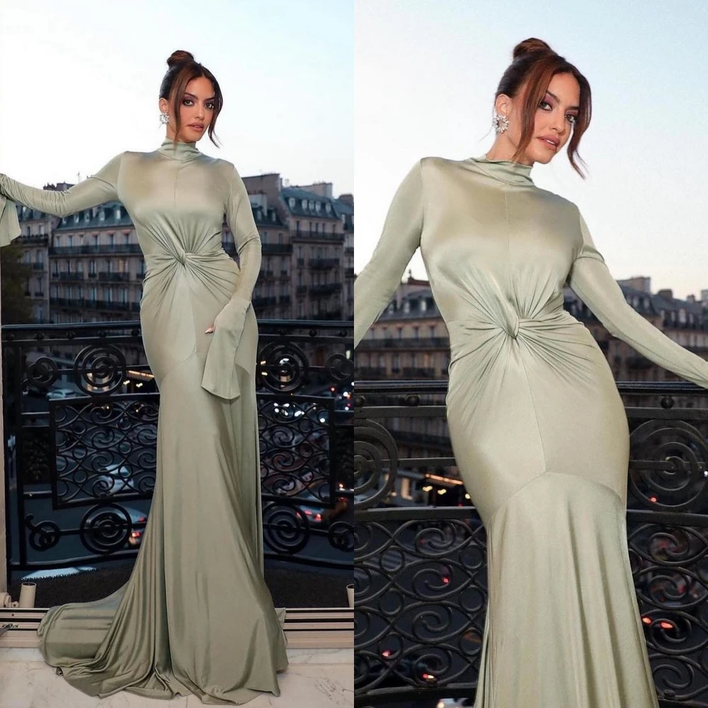 

Simple Prom Casual High Collar Mermaid Quinceanera Dress Draped Floor length Skirts Charmeuse Evening فستان