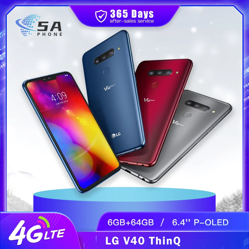 Original LG V40 ThinQ 4G LTE Mobile Phone 6.4'' 6GB RAM 64GB/128GB ROM 16MP Single/Dual SIM Fingerprint V405UA V405EBW CellPhone