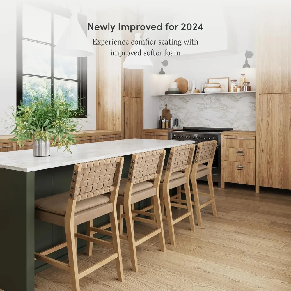 미드 센추리 모던 스타일 가죽 바 스툴, 카운터 높이, 견고한 목재 프레임, 발받침, 직조 가죽 시트