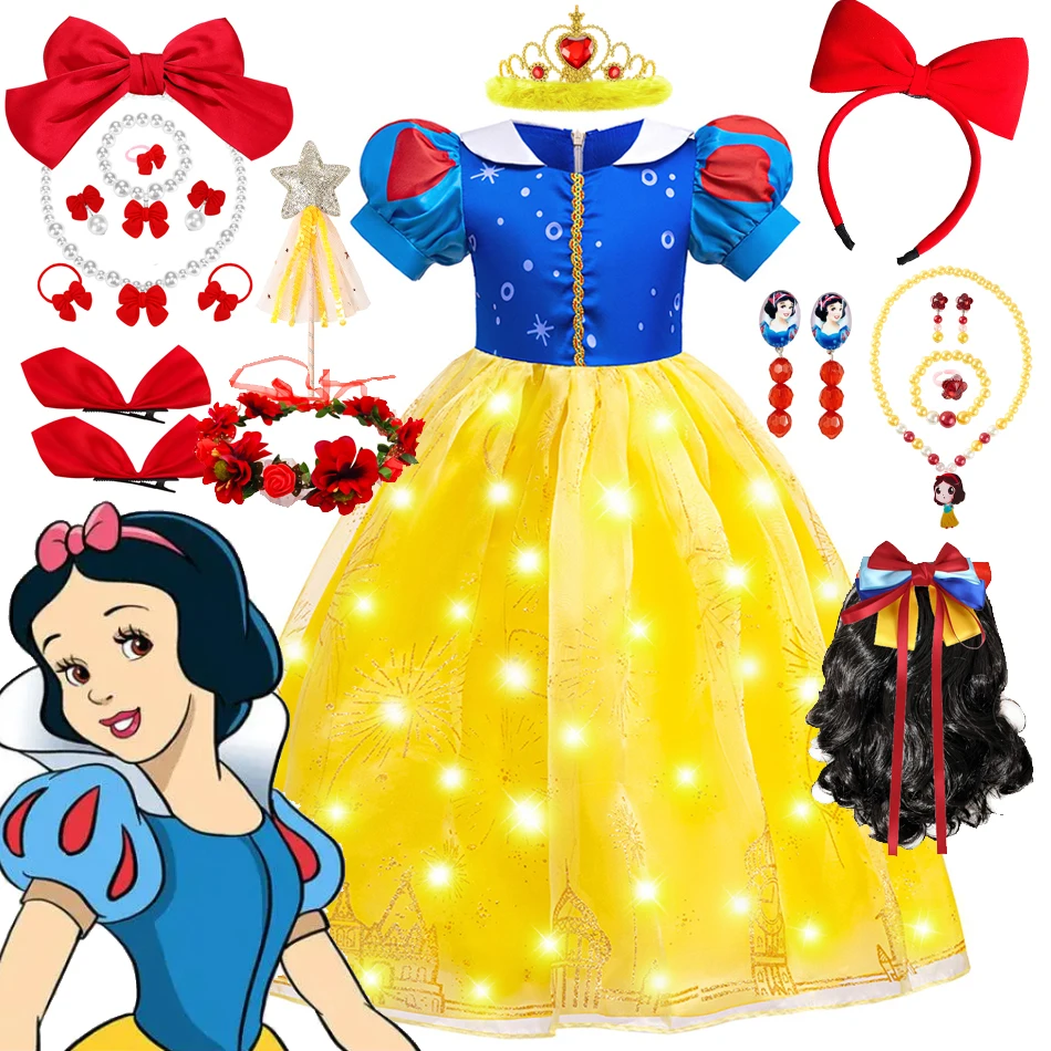 Princesa Snow White Cosplay Dress com Luz LED para Meninas, Vestido de Baile, Tule Bowknot, Vestido de Festa, Carnaval, Halloween, Natal, Novo, 6T