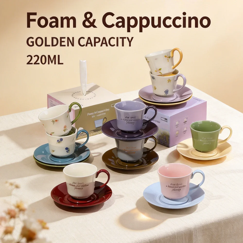 SHUNXIANG Ceramics Coffee Cups Saucer Set 220ml Original Floral Design Creative Tea Cups Office Coffee Freedom Handheld Gift Box