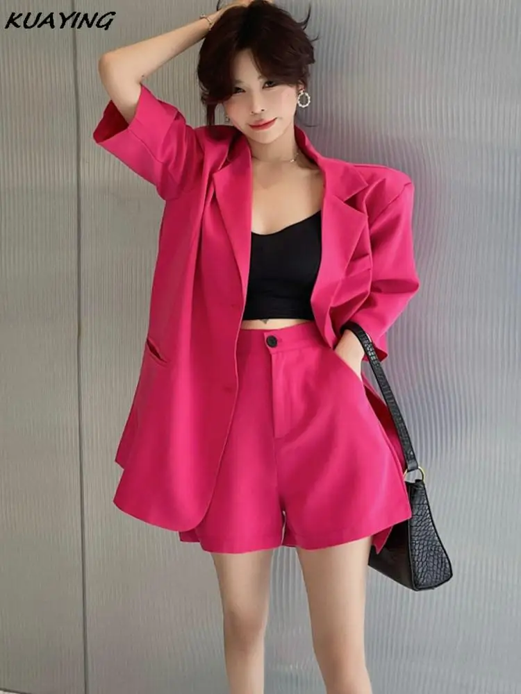 

Women Vintage Blazer Shorts Suit Fashion Casual Loose Blaser Jackets Solid Short Pantalons Outfits Female Korean 2 Pieces Set