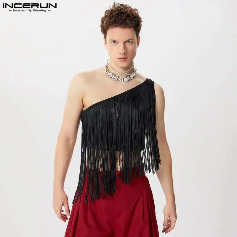 INCERUN Tops 2024 Sexy New Men Sloping Shoulder Tassel Cropped Design Vests Fashion Casual Male Hot Selling Thin Tank Tops S-5XL