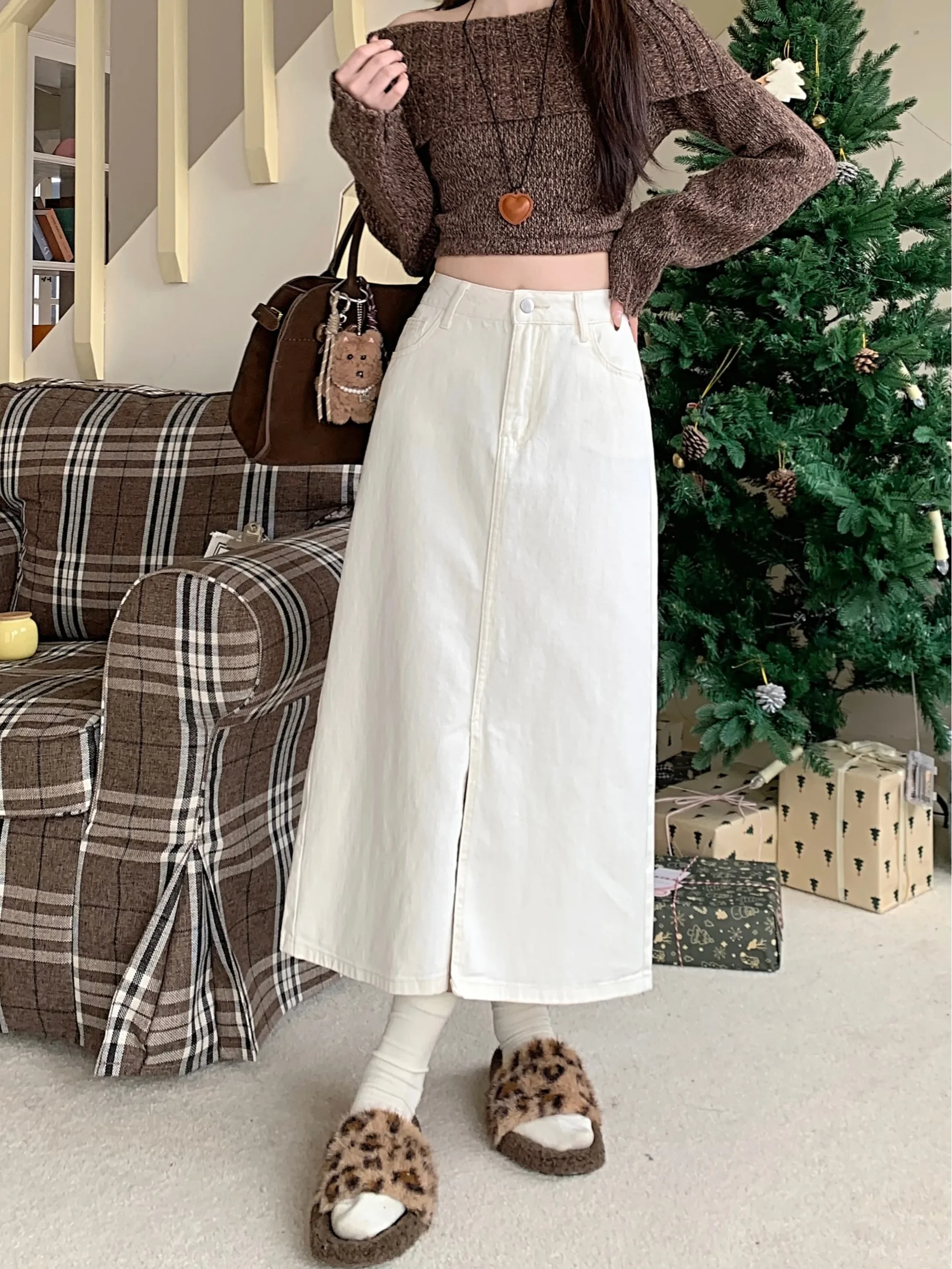 Spring Trendy Slimming White Denim Skirts Korean Sle Commute High Waist A-Line Midi Skirt Women's Denim Half-length