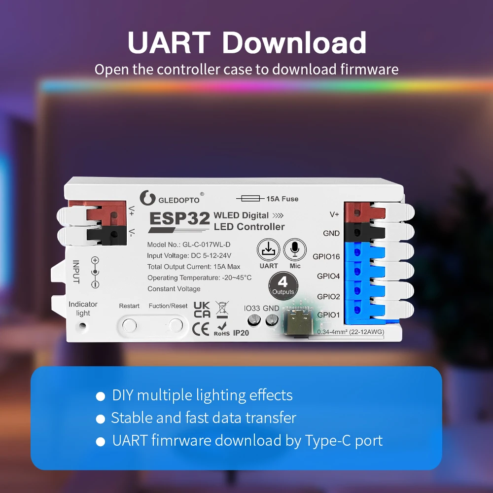 ESP32 WLED Strip Controller 4 Channel Output 15A Fuse Link Level Shifter UART Download DIY Dynamic Lighting Mode Voice Control