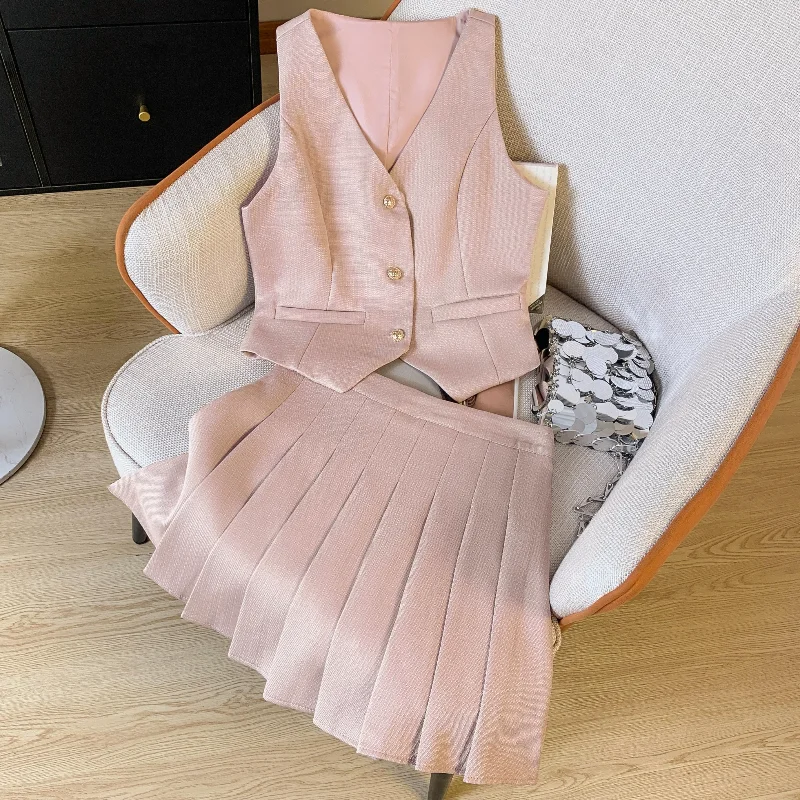 

Women French Sweet Fragrance V-neck Vest+short Skirt Suit Summer Fashion Pink Tweed Pleated Skirt Two-piece Lady Suit