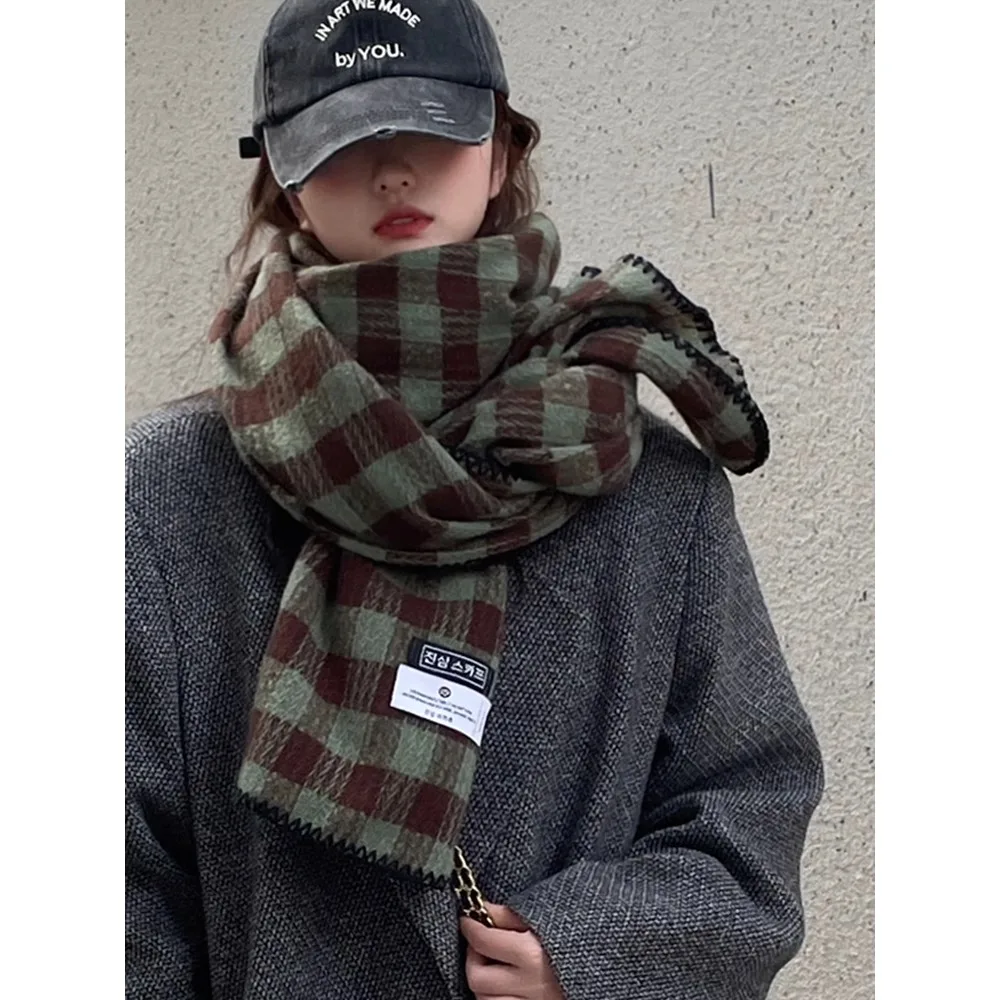 Retro Plaid Scarf Women's 2023 New Winter Thickened Korean Student Shawl Dual purpose Warm Scarf Green