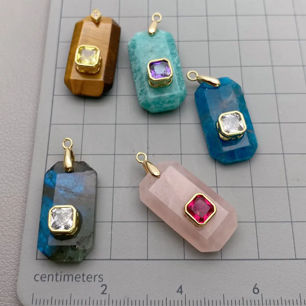 5 Pcs Natural Gemstone Rectangle Shape Apatite Rose Quartz Tiger Eye Amazonite Labradorite Cz Pendant view 2
