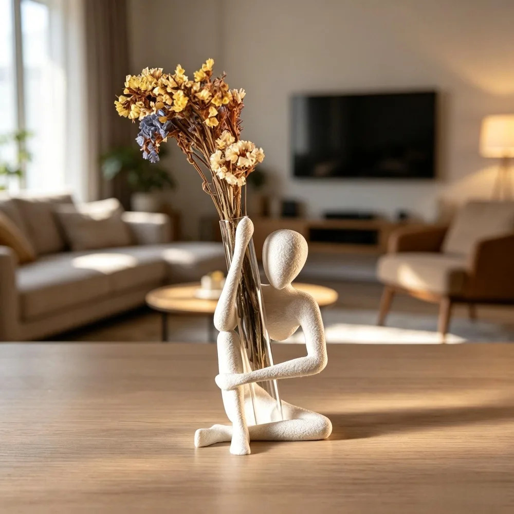 Abstract Human Figurine Flower Vase Modern Minimalist Sculpture with Glass Tube Creative Dry Flower Holder and Home Decor