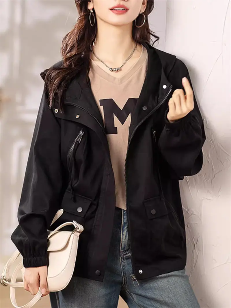 Loose Slim Casual Long Sleeved Top 2024 Autumn Hooded Double-Sided Pocket Temperament Retro Jacket For Women Windbreaker K2073