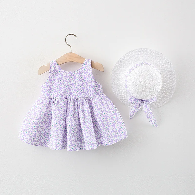 Baby Dress 2024 Summer New Girl Bow Strap Set Children\'s Flower Print Suspender Shorts Casual Two Piece Set+Hat