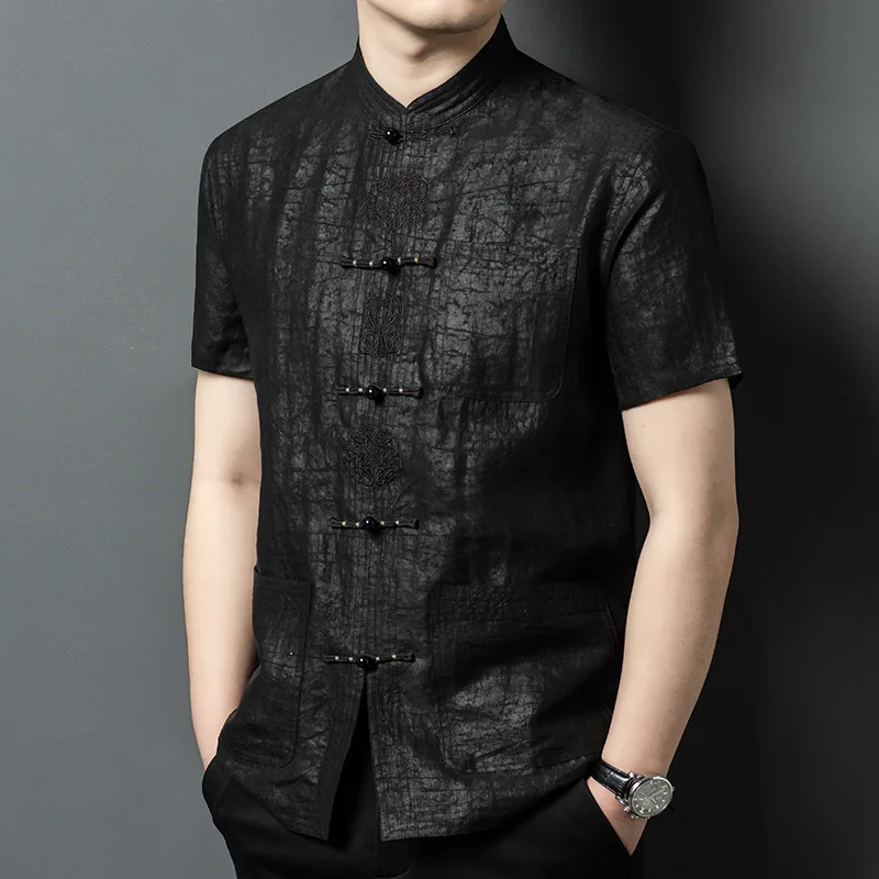 

Real Silk Men's High-End Xiangyun Yarn Crack Short Sleeve Stand Collar Middle-Aged and Elderly Shirt Loose Casual Men