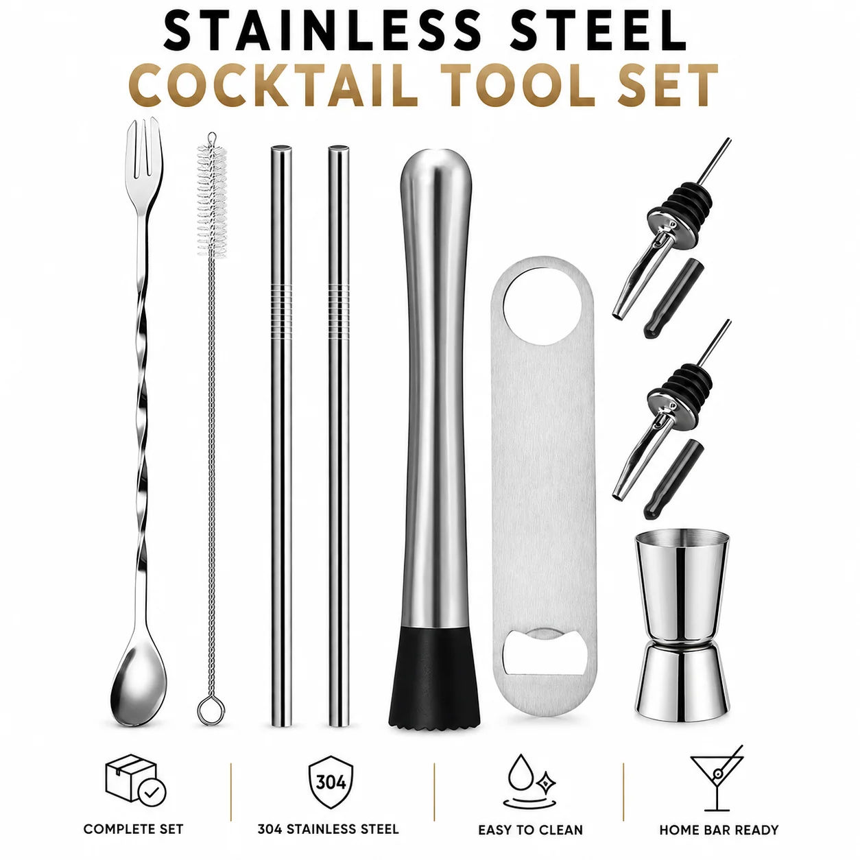 3/4/6/9 Pack Cocktail Muddler and Mixing Spoon Set Stainless Steel Bar Accessories Tool with Ice Tong Jigger Bottle Opener