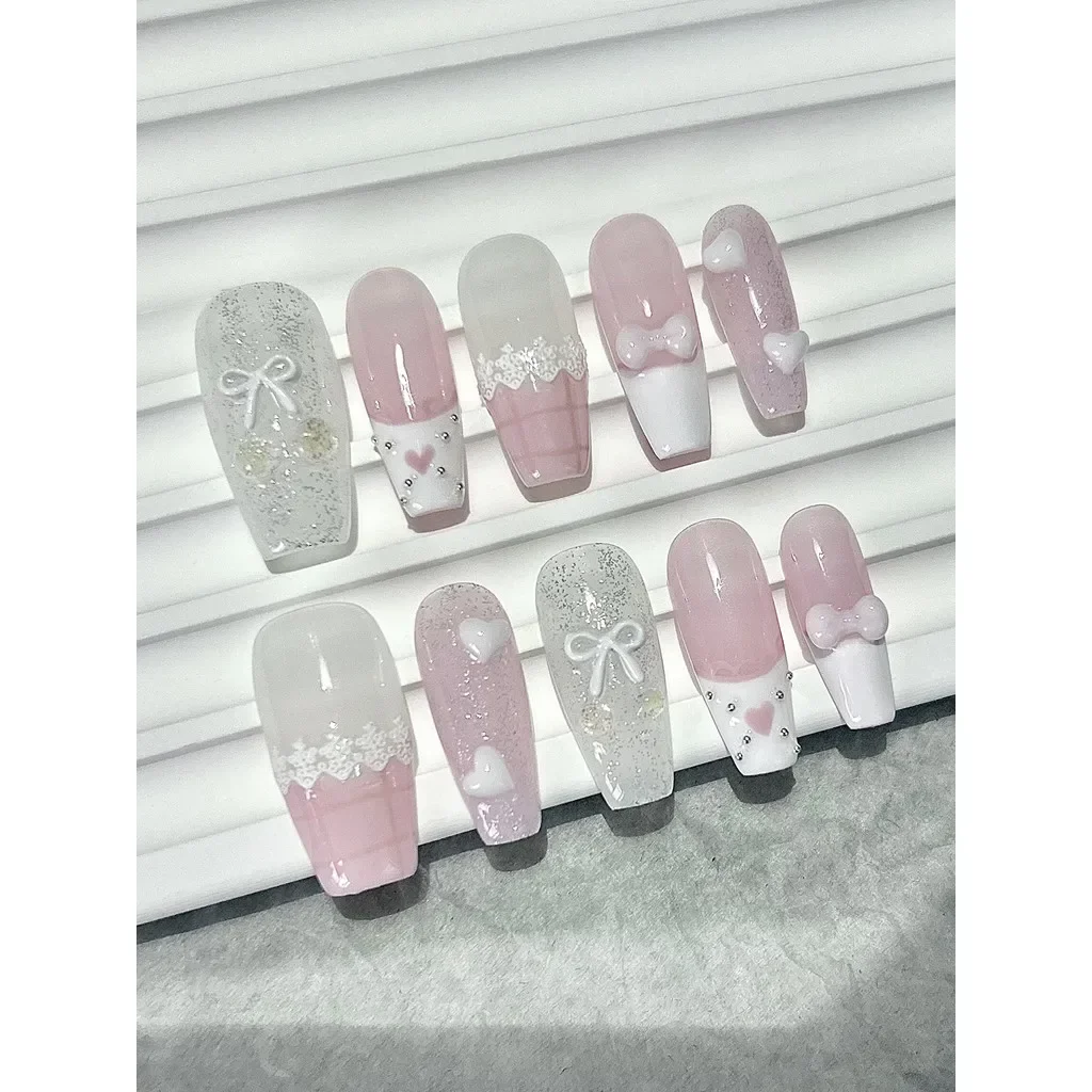 10 pezzi rosa fiocco amore pizzo francese nail art rosa bianco carino ciliegia fatta a mano unghie finte ragazza lunga dolce sexy stampa sulle unghie