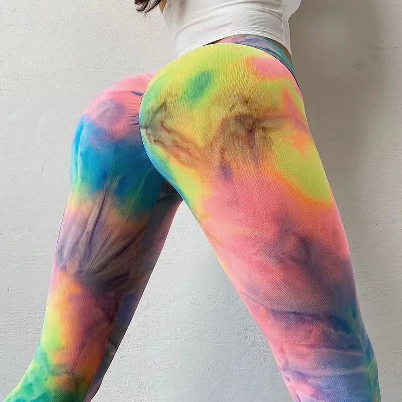 Tie Dye Knit Leggings Women Seamless Slim Sport Pants Elastic High Waist Hip Lift Gym Trainnning Running Fashion Yoga Leggings