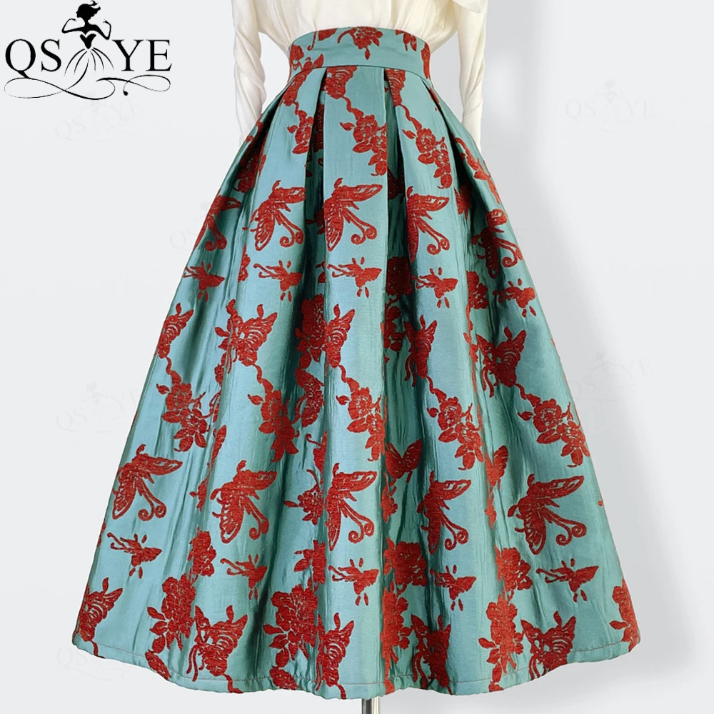 Red Butterfly Green Prom Dresses A line Overskirt Skirt Women Overlay Flower Pattern Evening Gown Skirt Long Maxi Party Dress