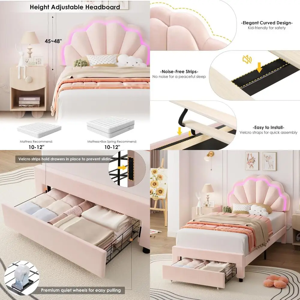 

Двуспальная кровать для девочек с розовой LED-подсветкой, местом для хранения, мягким изголовьем и ламелями из массива дерева