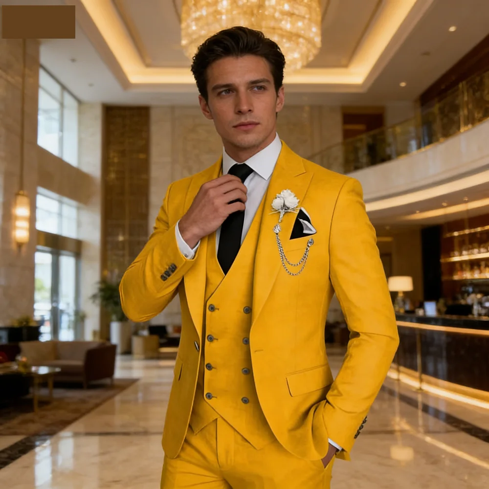 

Elegant Rose Red 3-Piece Slim Fit Men's Suit Double Breasted Blazer Vest Pants Set for Wedding Groom Tuxedo Business Party